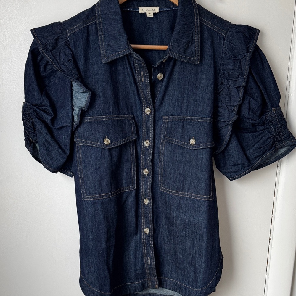 Pilcro Denim Ruffle Button Up Shirt
